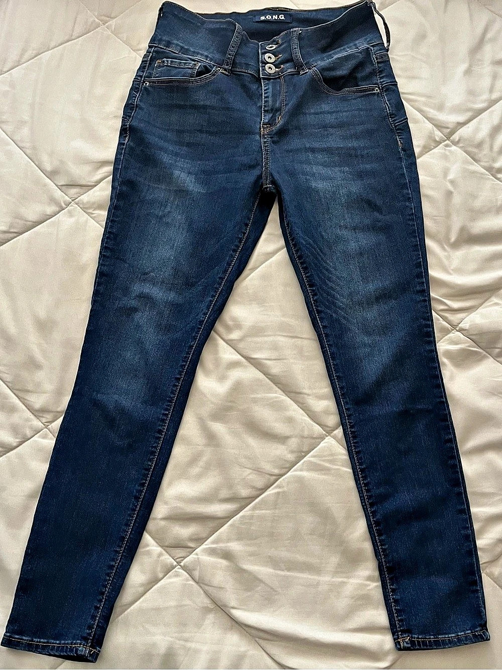 S.O.N.G. High-Rise Triple Button Skinny Jeans. Blue Waist 11/30